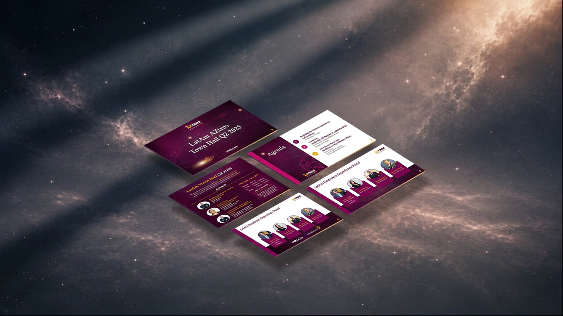 AstraZeneca LatAm Town Hall Q2 2025 deck spread — cover, agenda, and employee experience panel