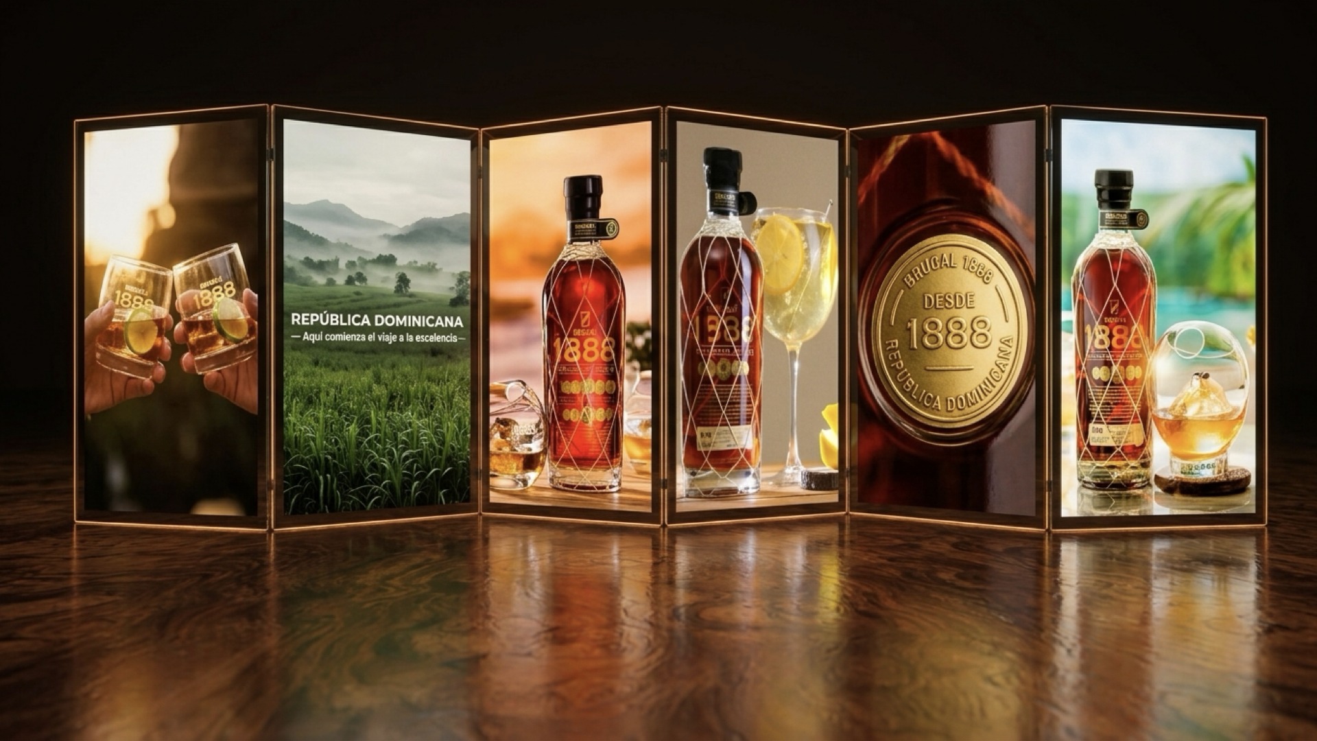 Brugal 1888 campaign grid — poolside lifestyle, toast, República Dominicana landscape, wax-seal medallion, gift-wrap, Santo y Libre cocktail, and anniversary bottle shots