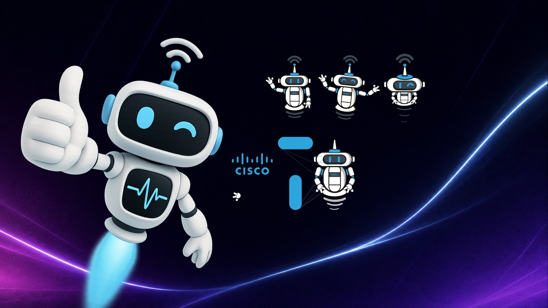Leonard chatbot character branding for Cisco, with pose sheet and brand mark