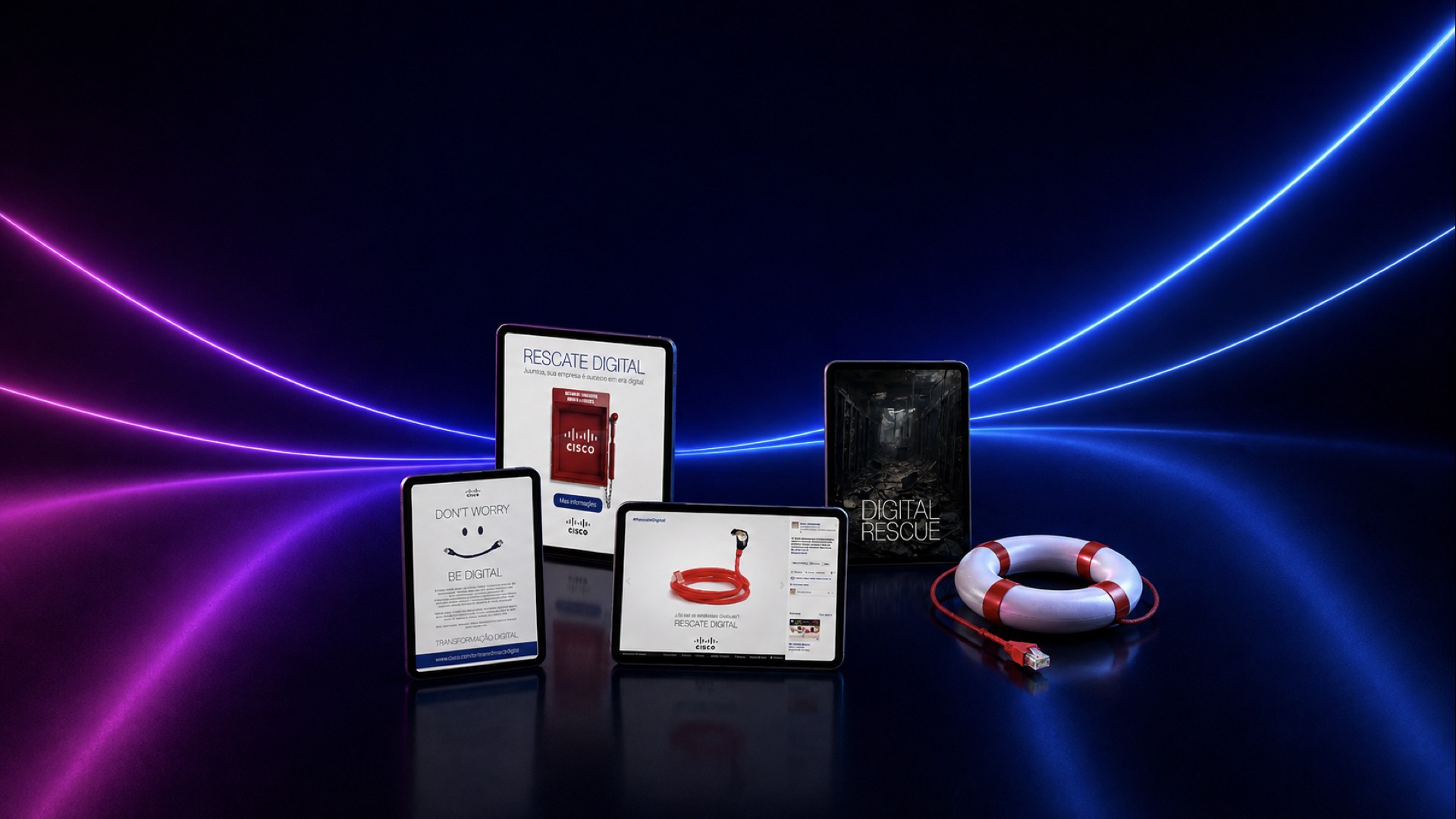 Rescate Digital campaign — a life preserver made from a network cable, with tablet mockups