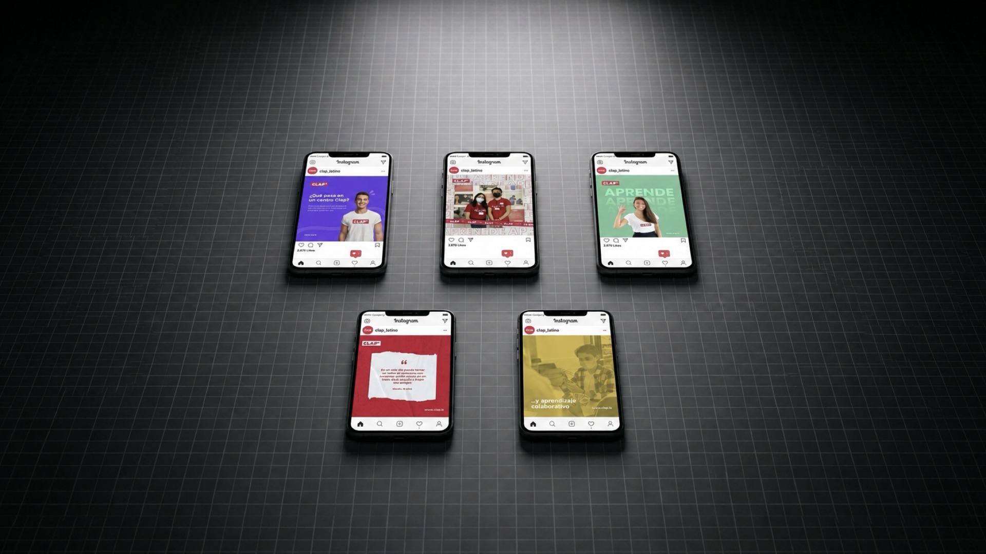 Clap Instagram grid of posts in phone mockups next to a CLAP wordmark and P mark logo comparison