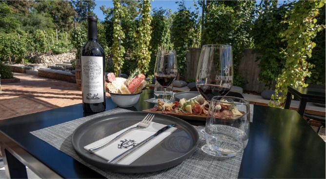 Wine and charcuterie table setting at Estancia Vigil, vineyard in the background