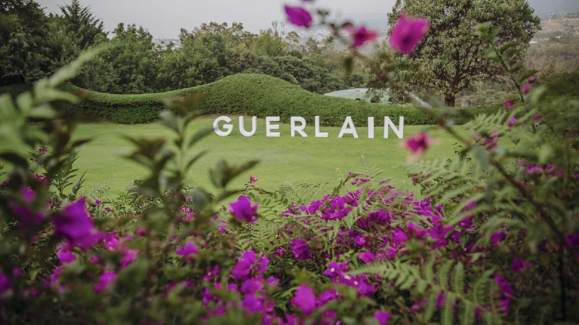Guerlain wordmark staged into a garden hillside, framed through bougainvillea, for the Aqua Allegoria relaunch