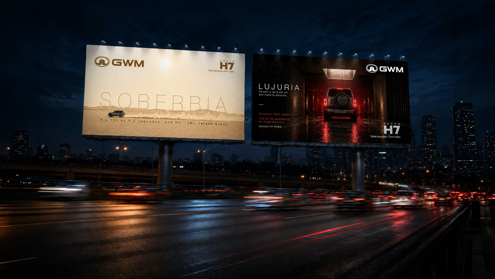 Two GWM Haval H7 billboards at night — Soberbia (0 to 100 in 5.2 seconds) and Lujuria (100% electric start)