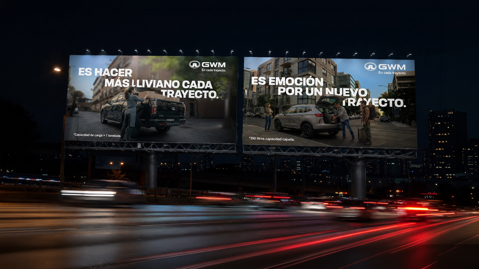 Two GWM billboards at night — Poer pickup and compact SUV ads under the line En cada trayecto
