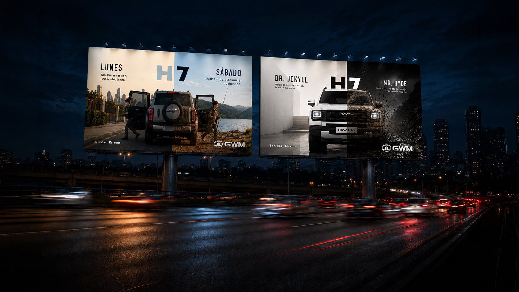 Two GWM Haval H7 billboards at night — Lunes/Sábado range comparison and Dr. Jekyll/Mr. Hyde comfort-versus-capability split