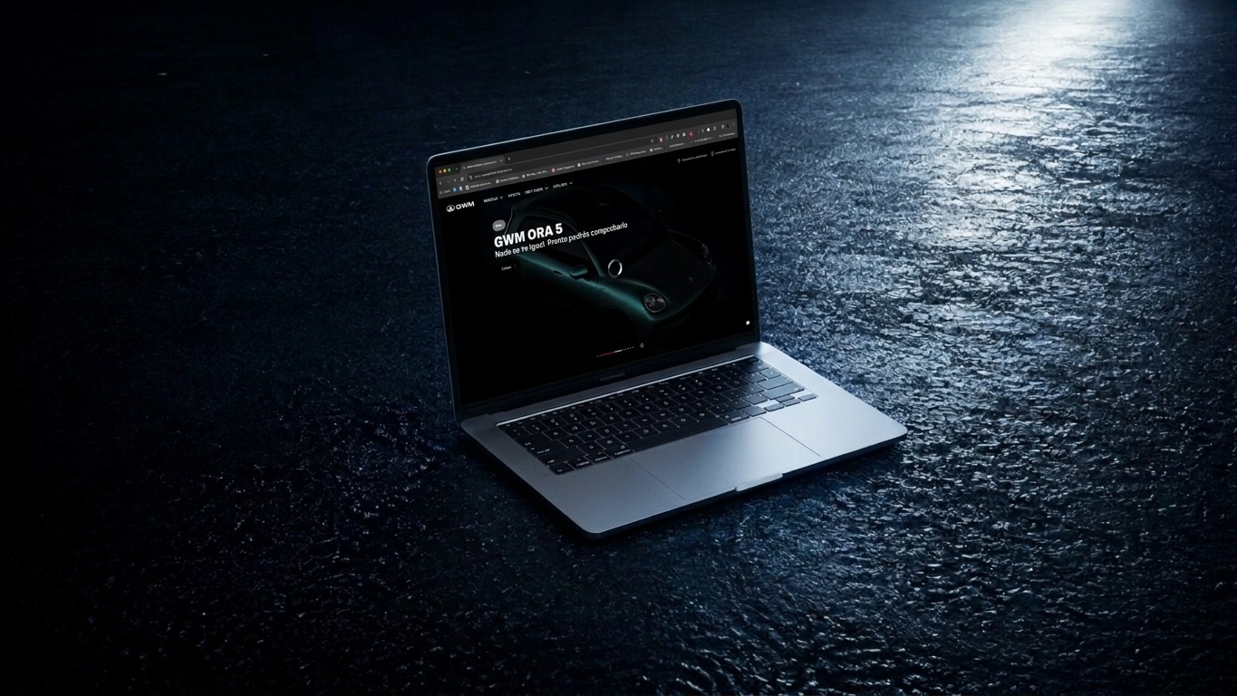 Laptop mockup of the gwm-mx.com website hero on a dark wet-textured surface