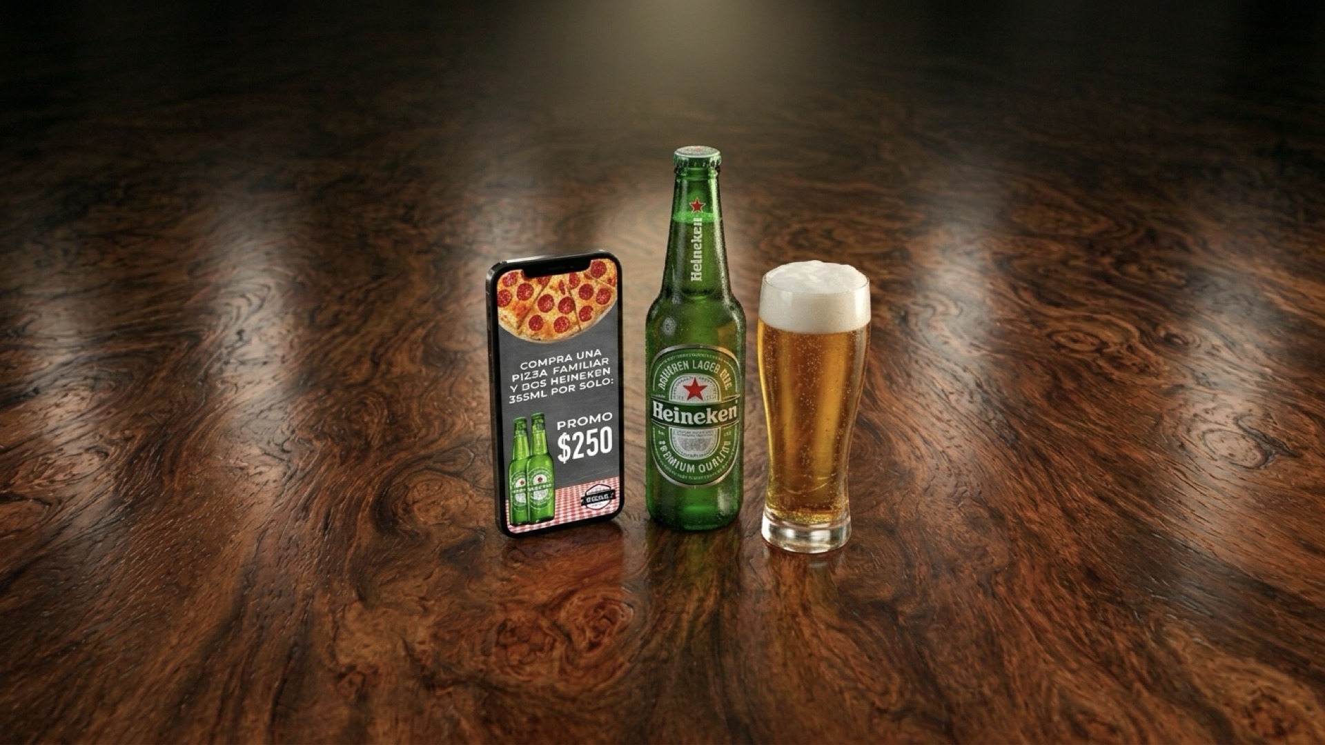 Heineken bottle beside a phone screen ad for a pizzeria promo, a family pizza and two Heinekens for $250 pesos