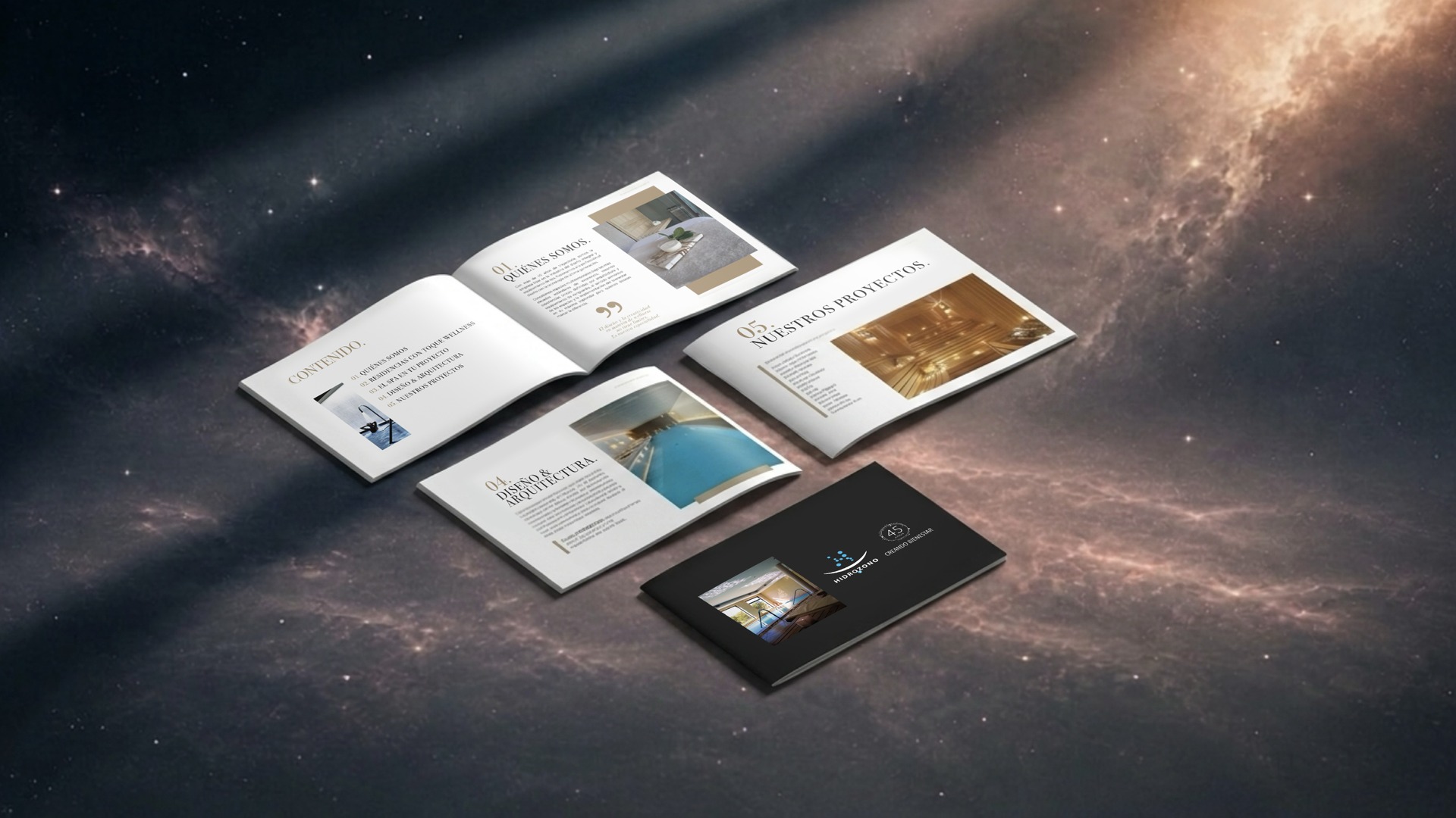 Hidrozono's 45th-anniversary brandbook spread — spa interiors, a sauna, and the Creando Bienestar cover