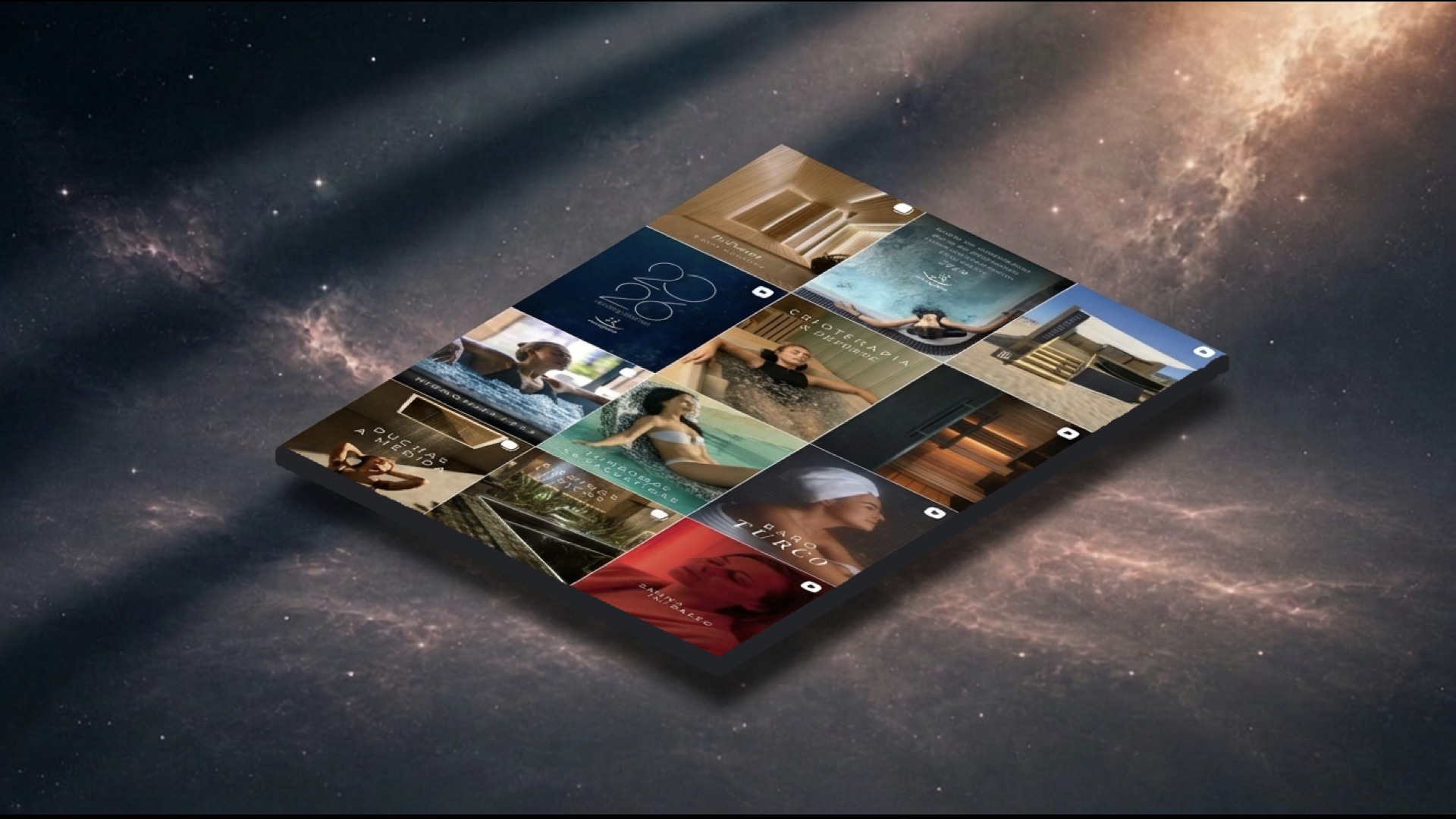 Hidrozono Instagram grid, 12 tiles of spa interiors and wellness content