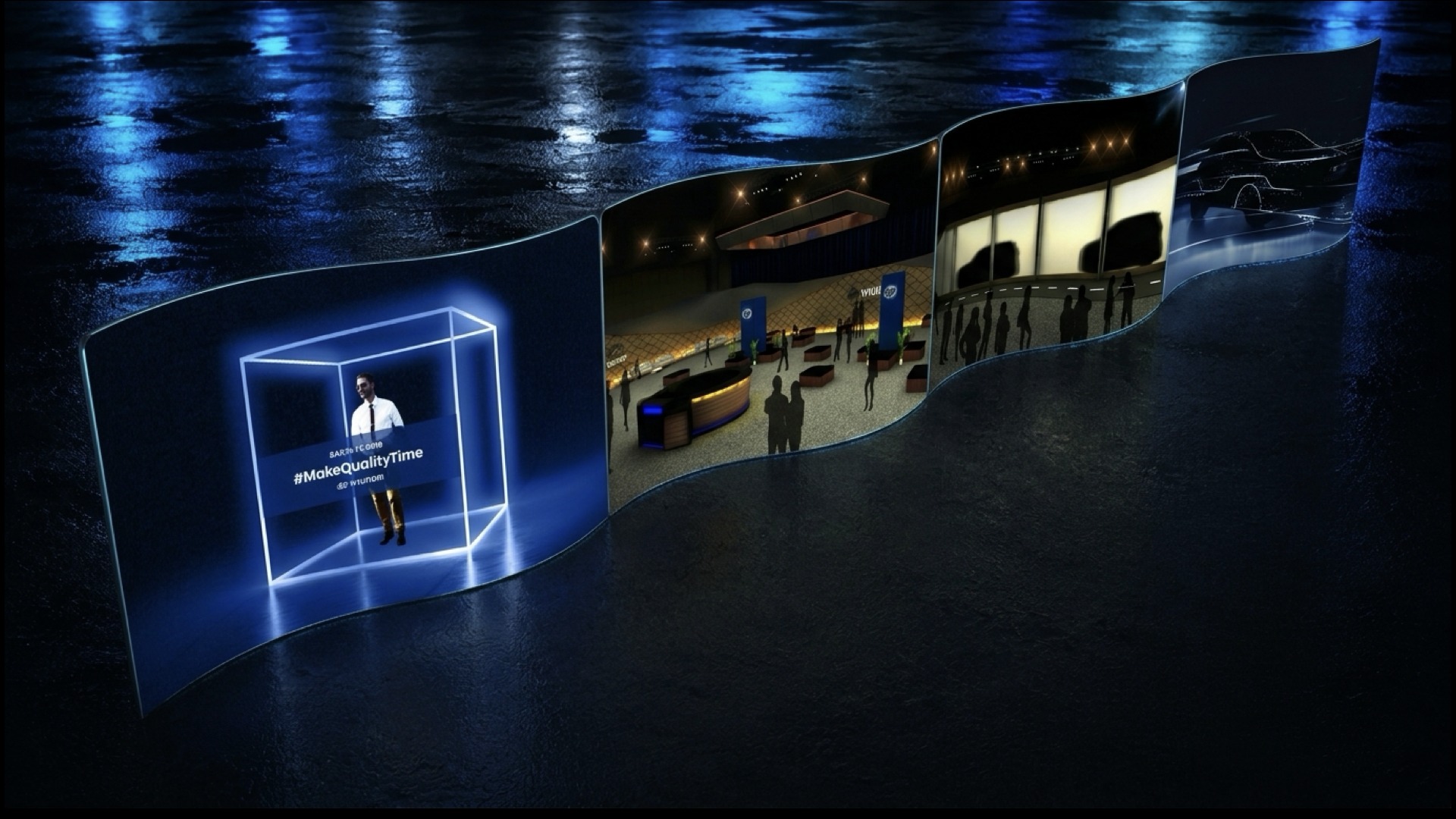 Hyundai Santa Fe 2019 launch build-out: teaser render, glowing wireframe cube reading MakeQualityTime, event floor plan, branded Bienvenidos entrance arch, and New Thinking New Possibilities tablet ad