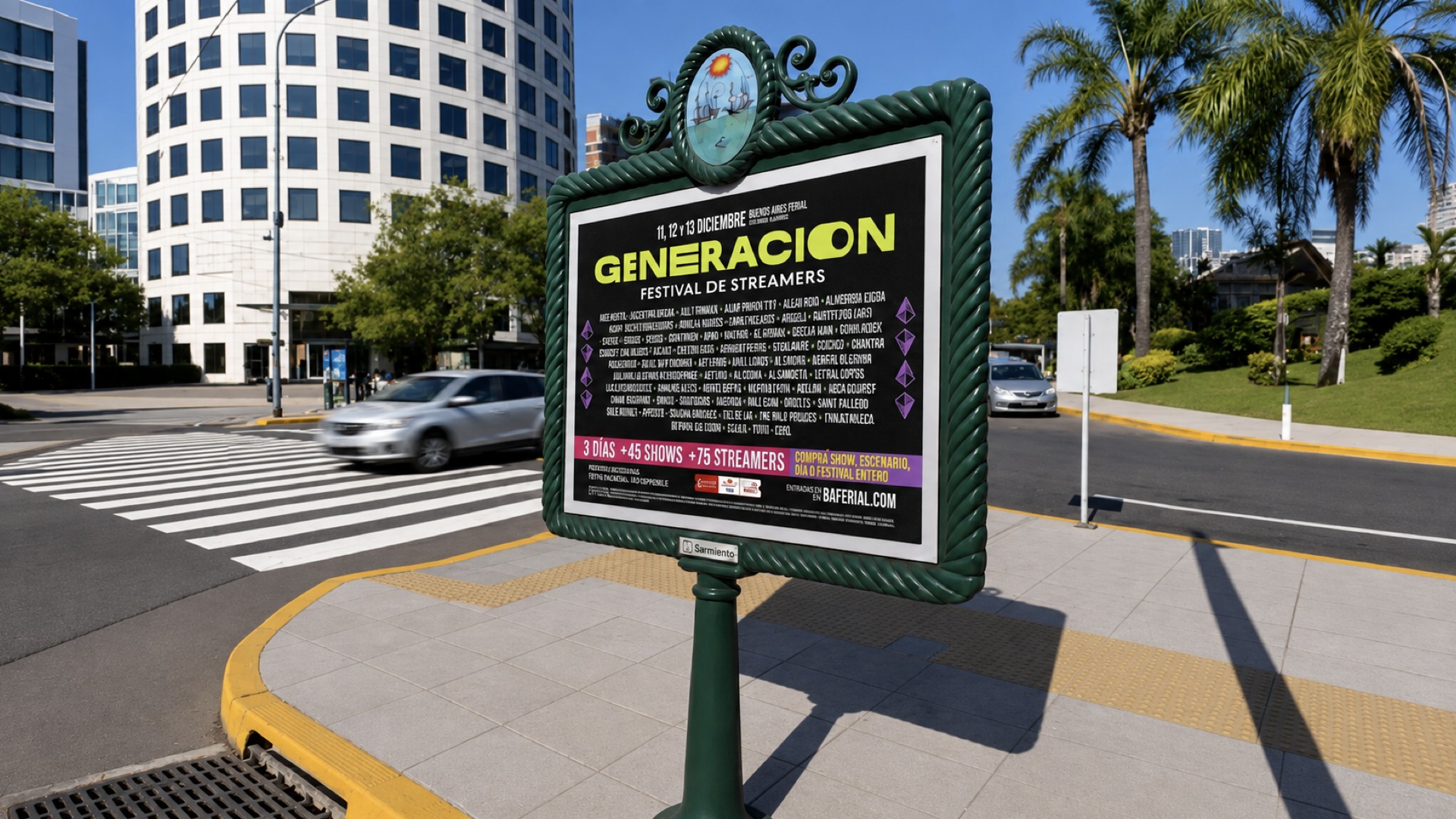 Generación Festival de Streamers street-sign billboard mockup, Buenos Aires, full artist lineup