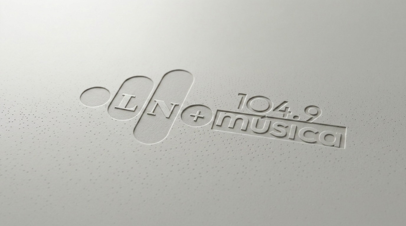 LN+ 104.9 música embossed logo mark, pressed into paper