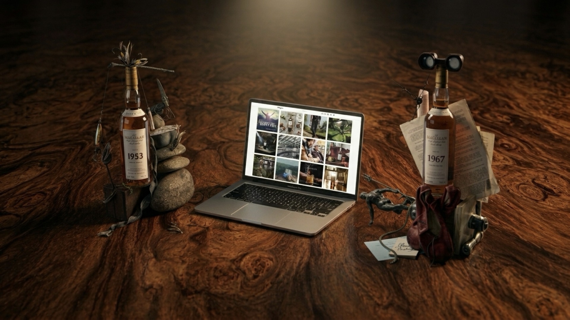 The Macallan Instagram grid on a laptop screen, flanked by still-life photography of the rare 1953, 1967, and 1989 bottlings