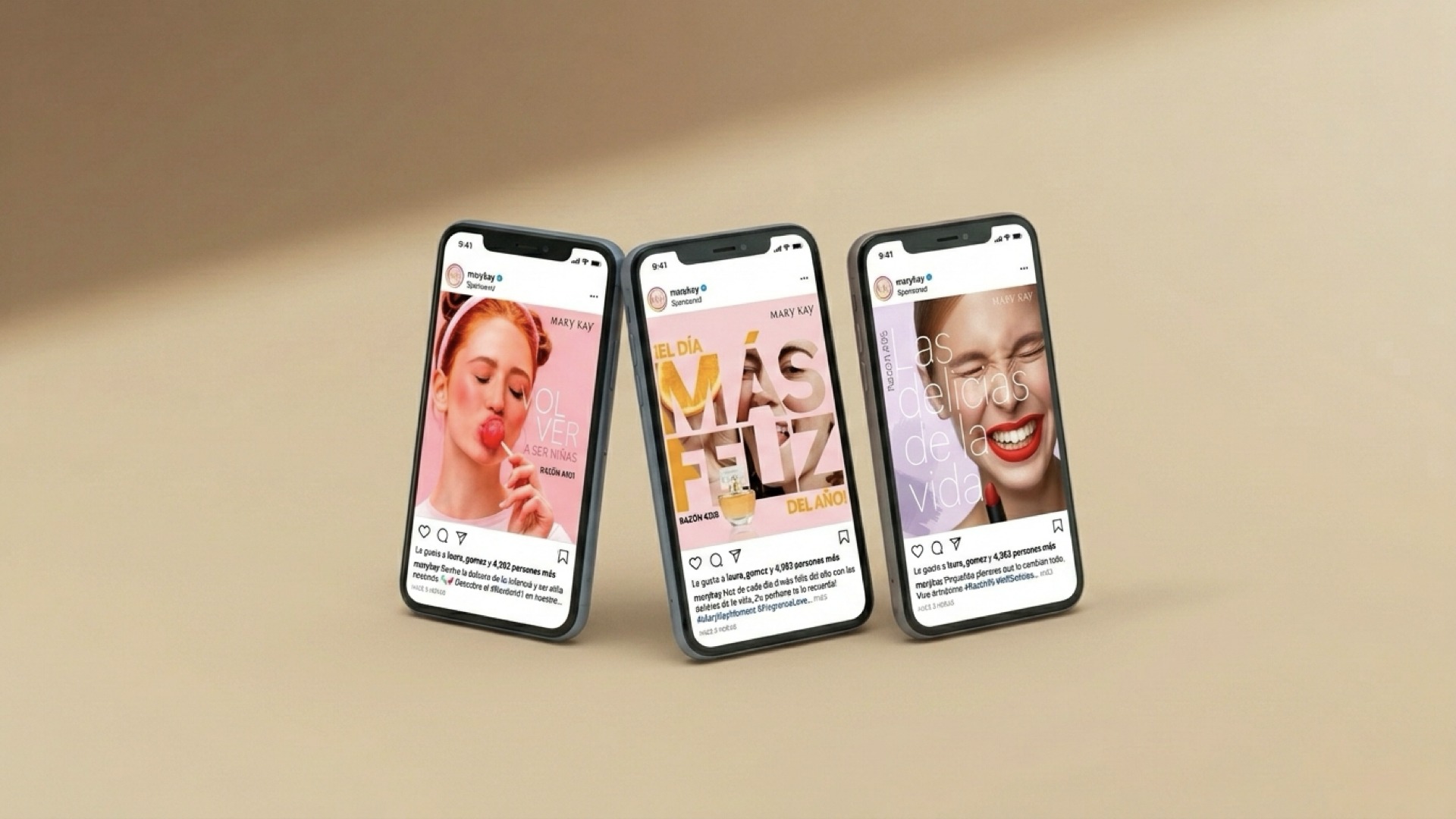Mary Kay Razón campaign — a girl with a lollipop for Razón #401, a phone mockup pairing a fragrance with Razón #208, and a lipstick close-up for Razón #95