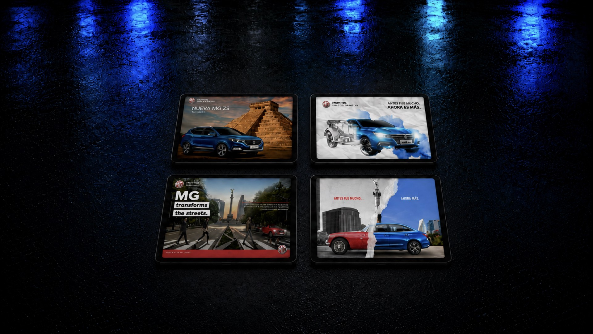 MG Nueva Era Mismo Espíritu campaign grid: the MG ZS at Chichén Itzá, a classic roadster sketch resolving into the new MG5, a red MG on Paseo de la Reforma by the Angel de la Independencia, and a torn-paper split of the old and new cars
