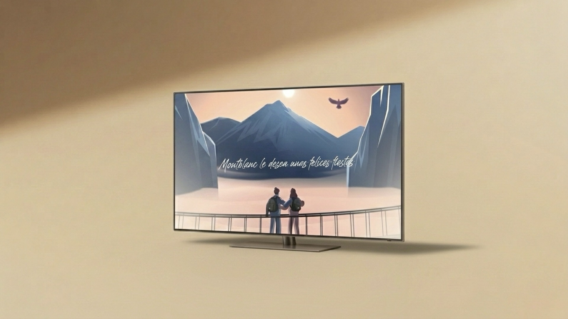 Illustrated Montblanc holiday frame — two travelers overlooking snowy mountains from a railing, a hawk overhead, script reading Montblanc le desea unas felices fiestas