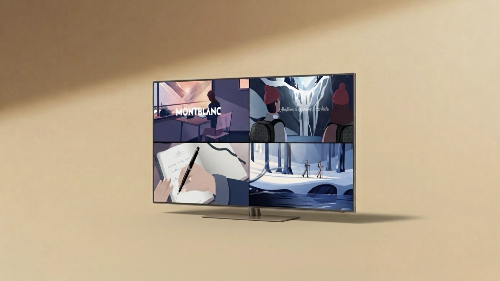 Montblanc holiday campaign storyboard frames — illustrated travelers among snowy mountains and evergreens