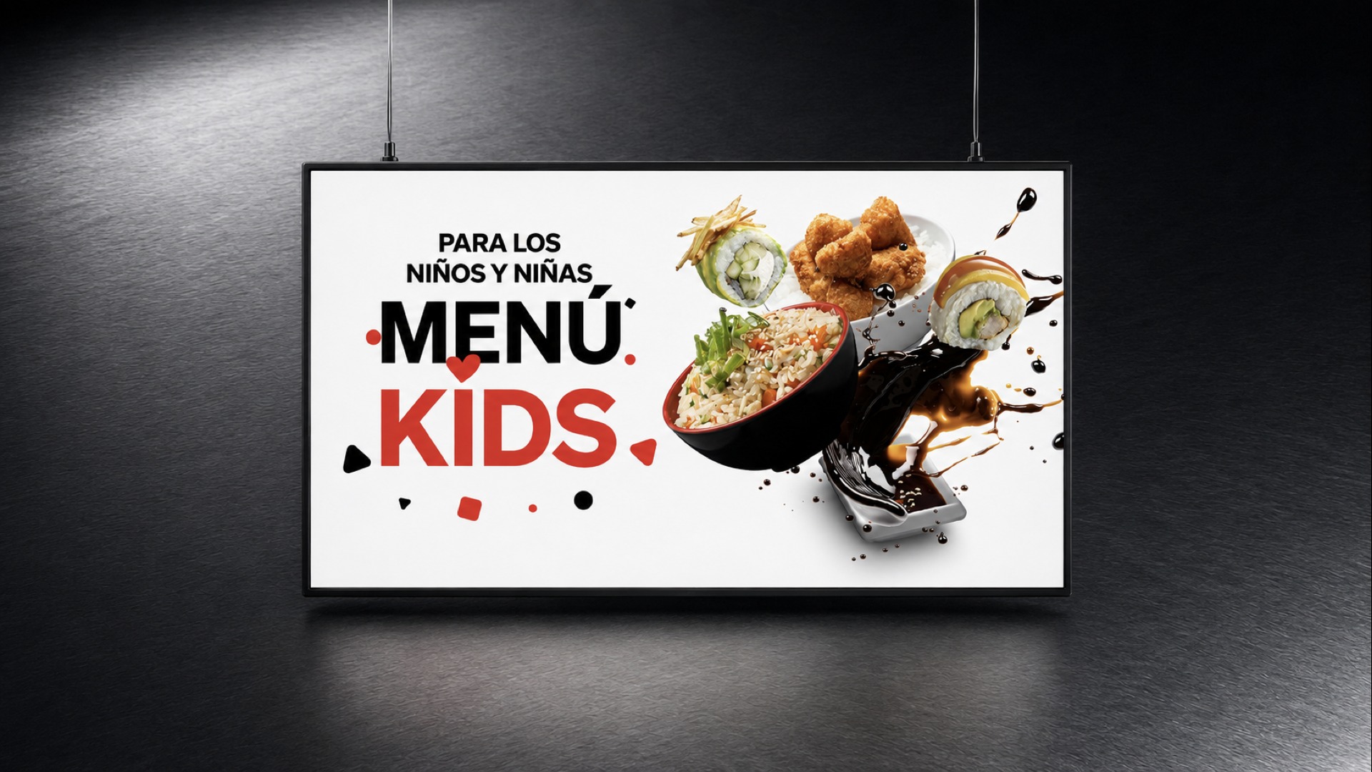 Niu Sushi Menú Kids billboard — sushi rolls, katsu, and fried rice bowls