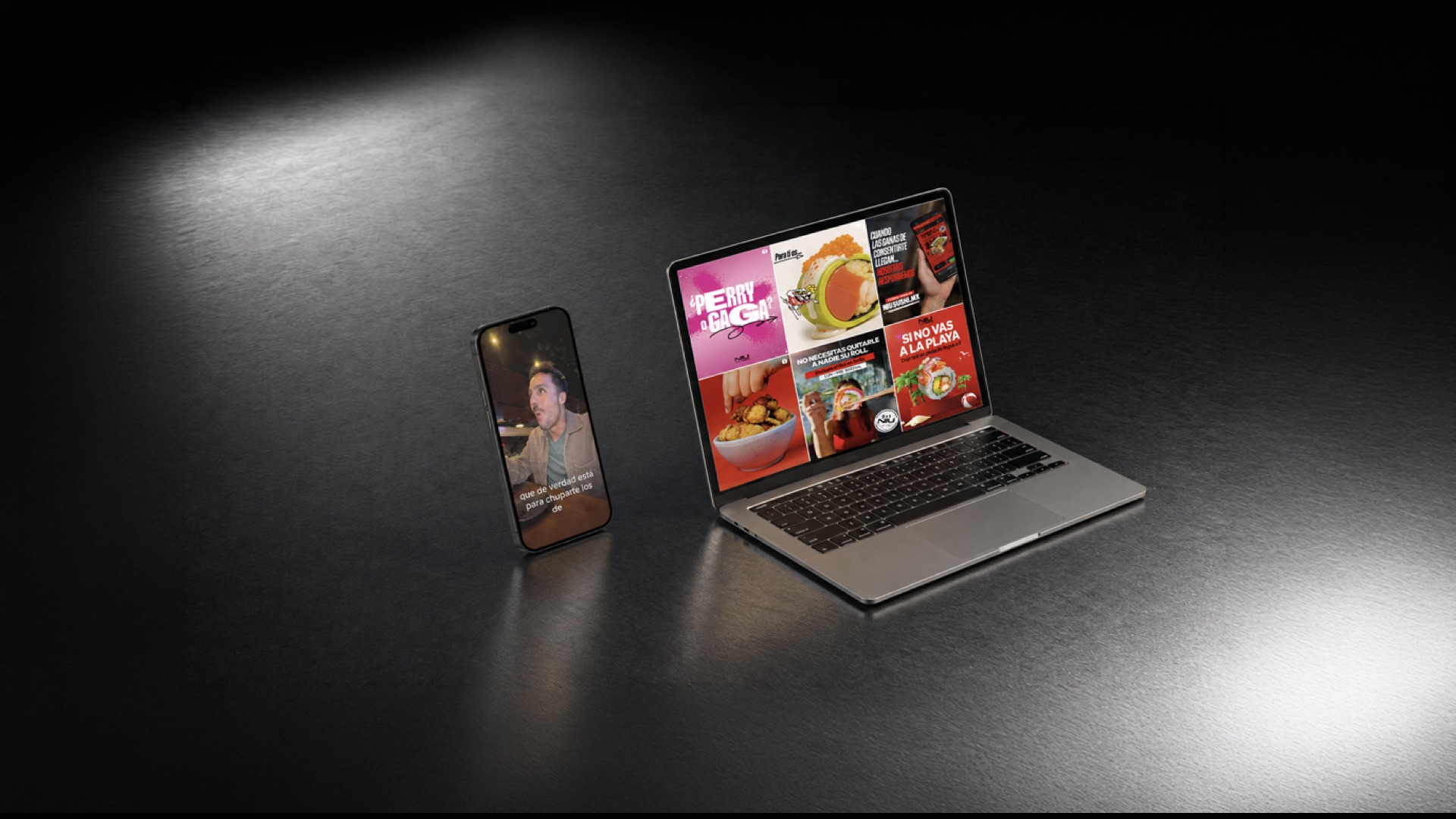 Niu Sushi meme and social content grid on laptop and phone screens
