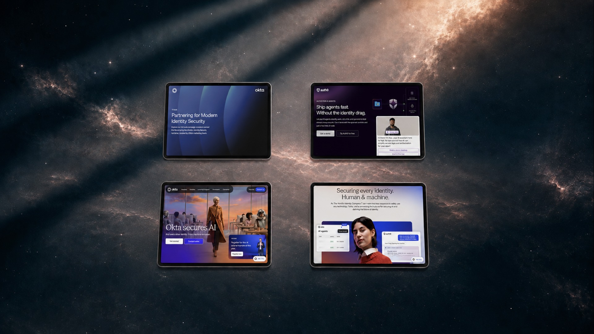 Okta and Auth0 identity security campaign — e-book cover, AI-agent web hero with chat assistant, and Okta and Auth0 brand hero panels