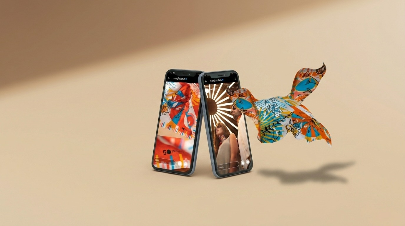 Pineda Covalín scarf print floating beside two phones showing the Sunglass Hut Instagram story collaboration