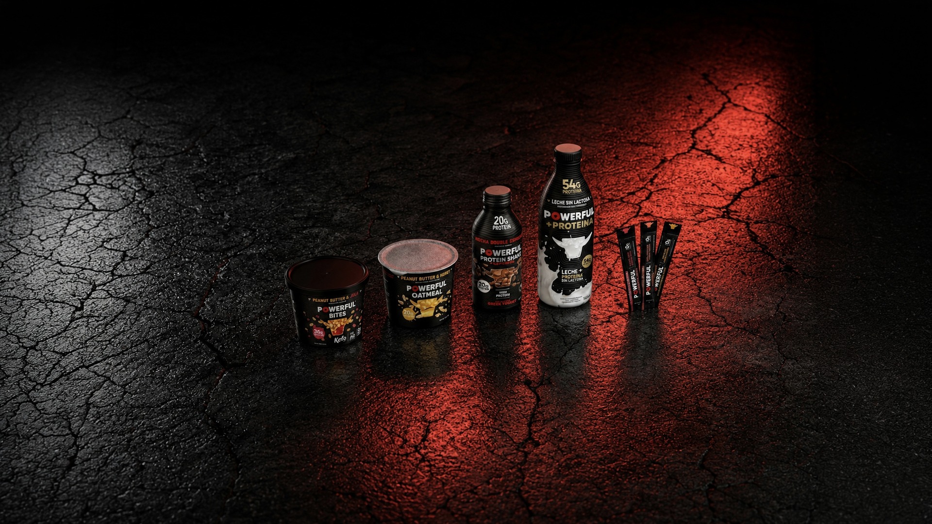 Powerful Nutrition product lineup, oatmeal, bites, protein shake, leche con proteina, hydration sticks