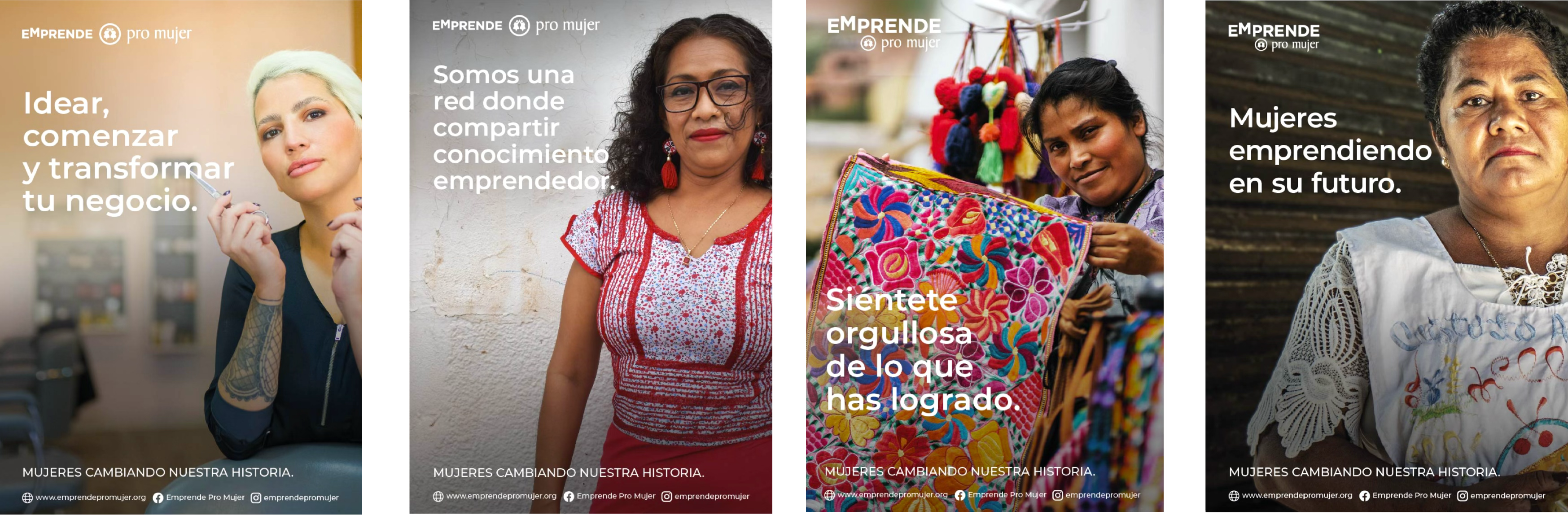Emprende Pro Mujer four-poster lineup: Idear comenzar y transformar tu negocio, Somos una red donde compartir conocimiento emprendedor, Sientete orgullosa de lo que has logrado, and Mujeres emprendiendo en su futuro