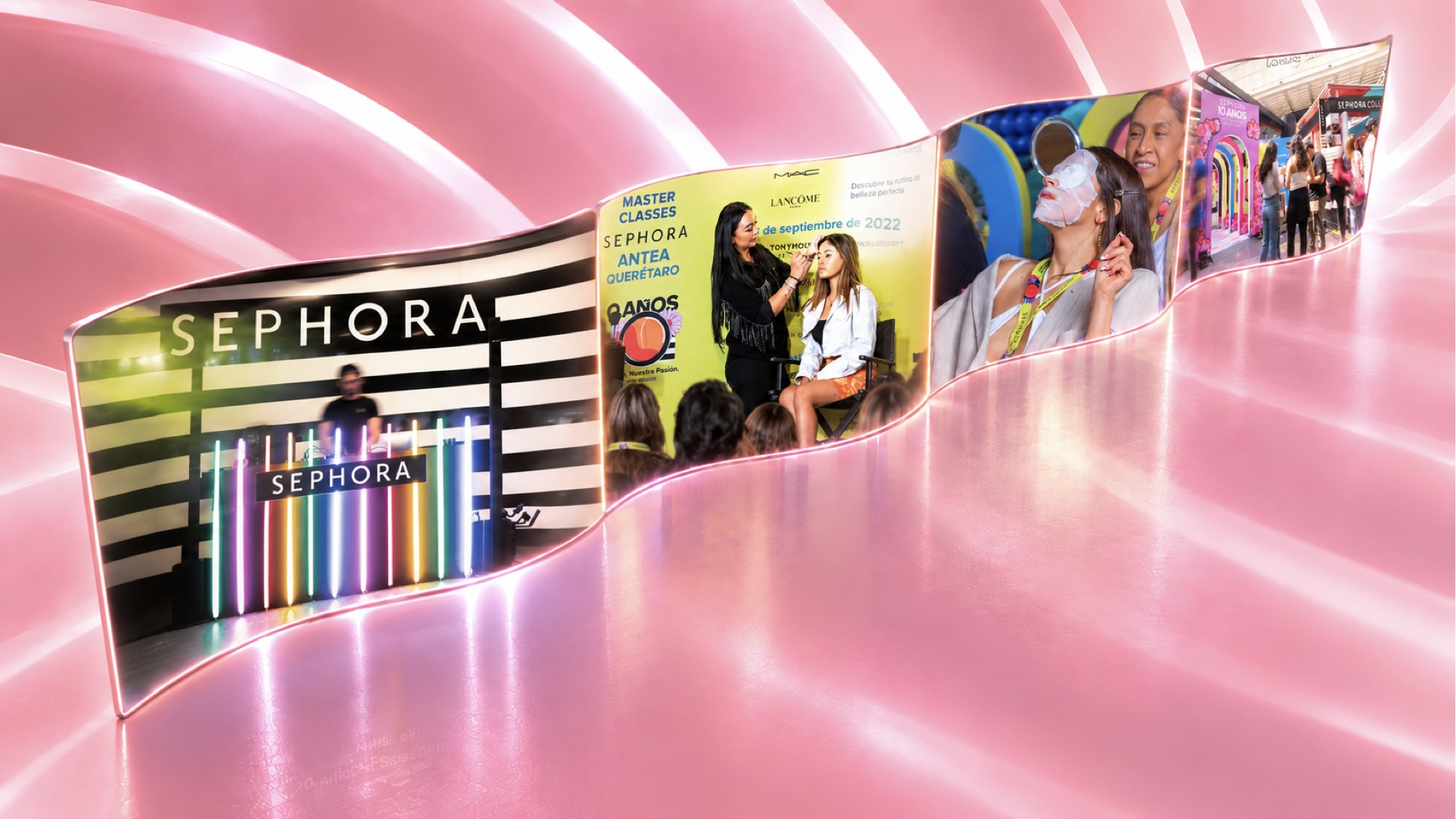 Four moments from the Beauty Fair activation: a live DJ booth, brand masterclasses, a guest receiving a facial treatment, and the colorful 10 Años tunnel installation