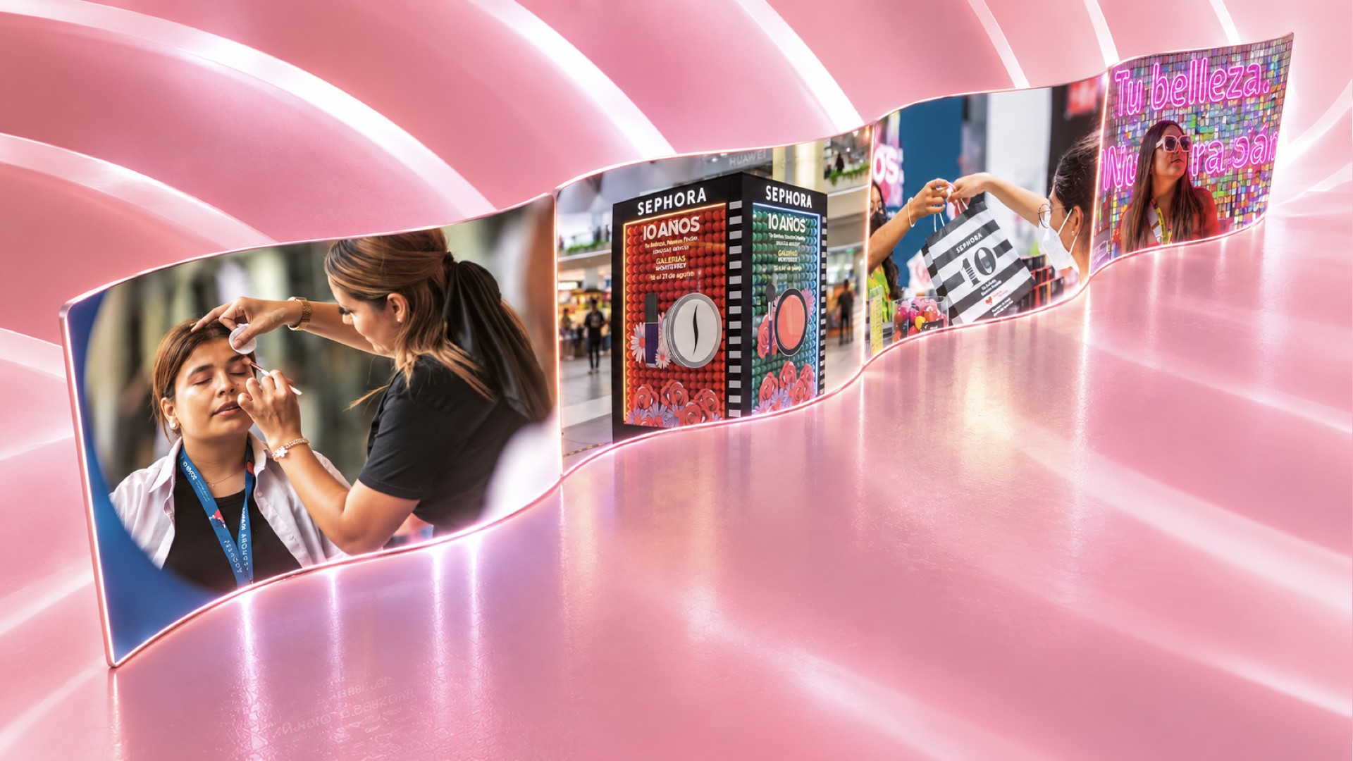 Four more moments from the anniversary activation: makeup applied on-site, the 10 Años product-pillar towers at Galerías Monterrey, a guest holding a Sephora 10 shopping bag, and the neon Tu belleza, nuestra pasión wall