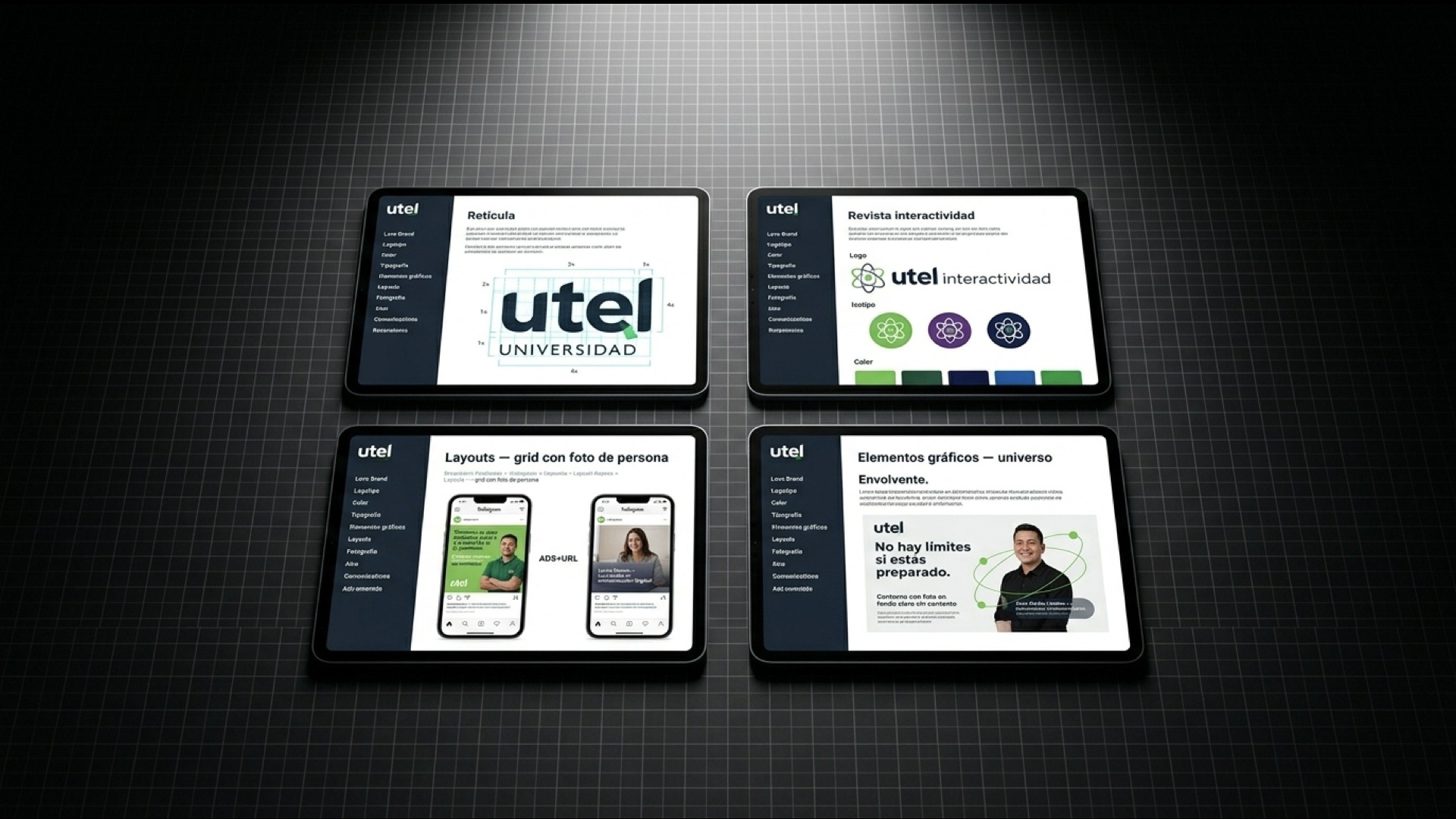 UTEL brandbook on tablets — logo system and green color palette