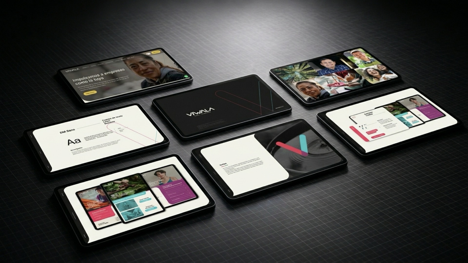 Viwala brandbook spread — logo construction, color system, and typography rules