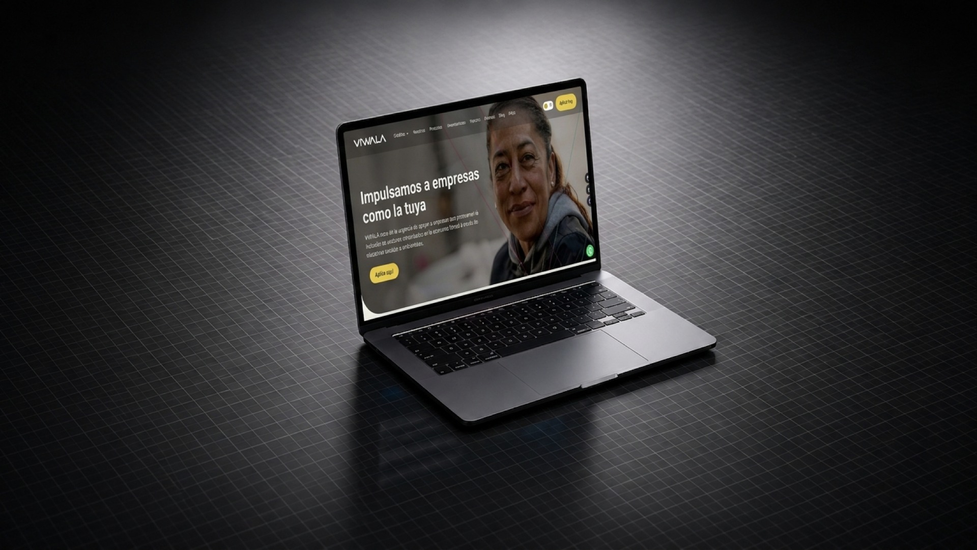 Viwala website hero on a 3D laptop mockup, Impulsamos a empresas como la tuya