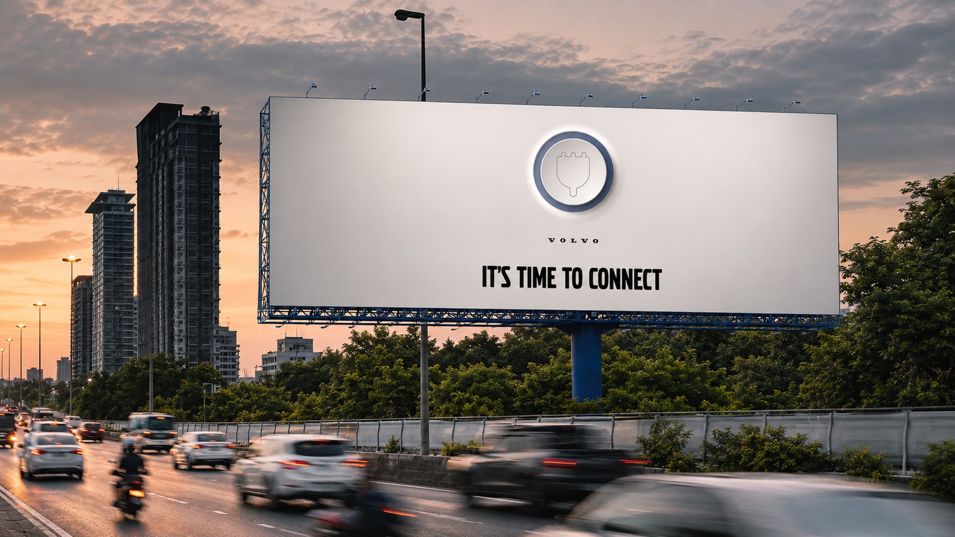 Volvo billboard at dusk reading It's Time to Connect, with an EV charging-plug icon