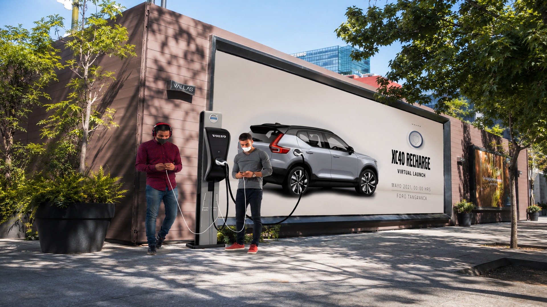 Volvo XC40 Recharge billboard at a street-level charging station, Virtual Launch Mayo 2021