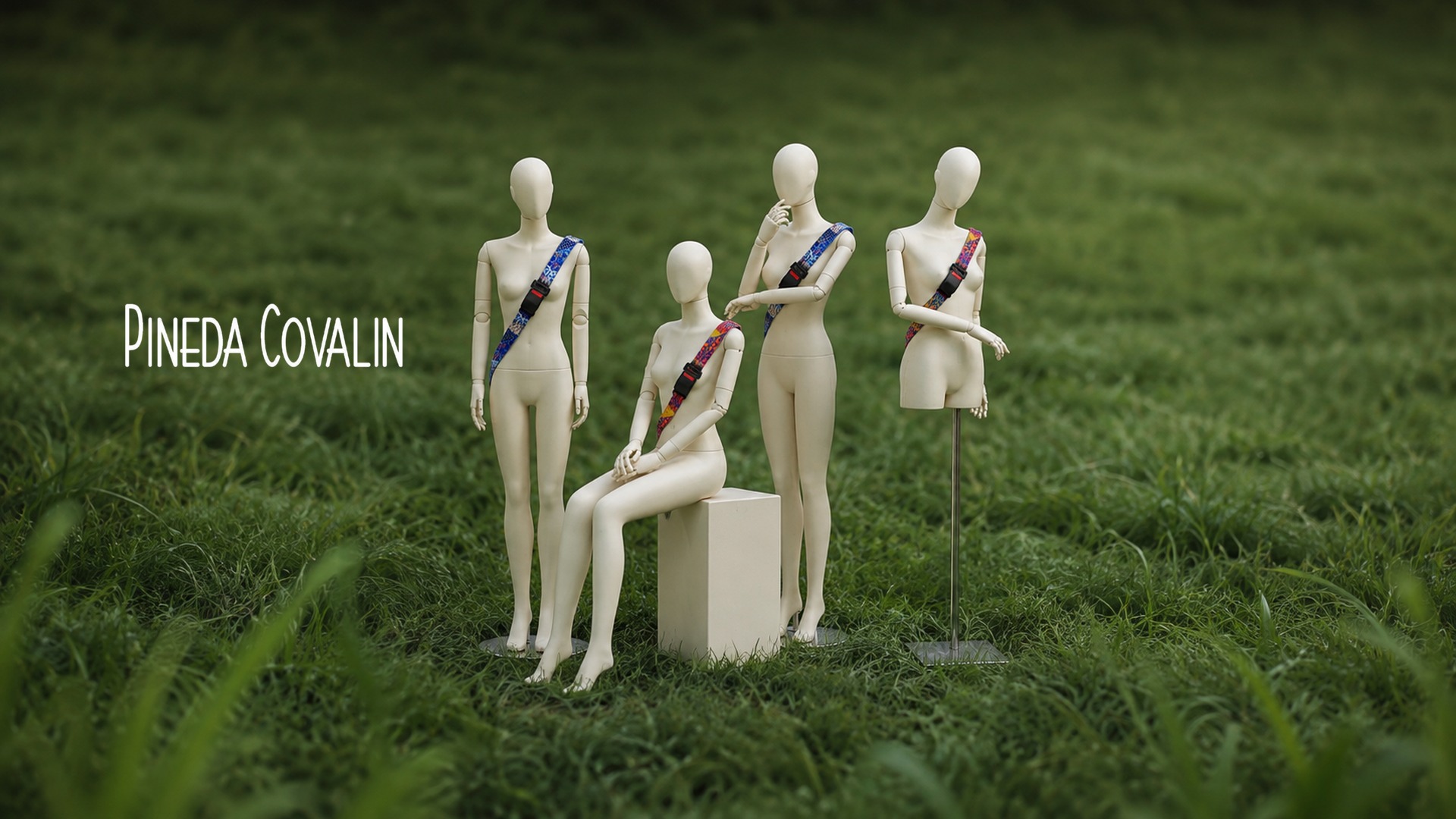 Mannequins on grass wearing seatbelt-style straps in Pineda Covalín's woven pattern